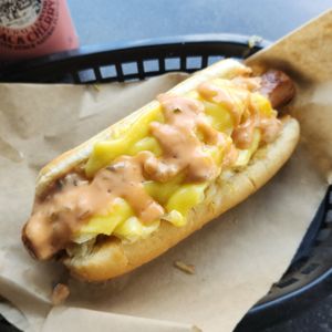 Reuben dog! at Ben & Esther's Vegan Jewish Deli in Portland