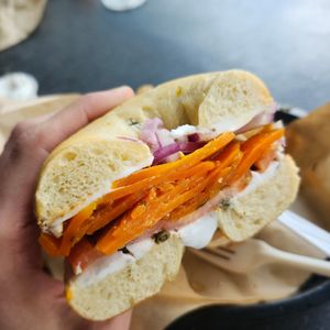 carrot lox bagel at Ben & Esther's Vegan Jewish Deli in Portland