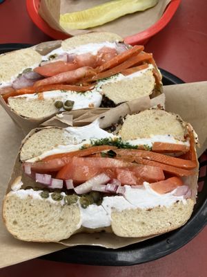 Cream cheese and lox on an everything bagel  at Ben & Esther's Vegan Jewish Deli in Portland