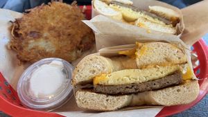 Egg, Cheese, Sausage on Salt Bagel w/ Latke  at Ben & Esther's Vegan Jewish Deli in Portland