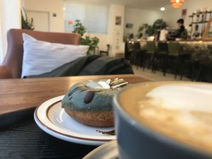 Soy latte + donut #Veganuary at Usual Coffee in Jeju