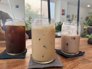 Iced americano, iced vanilla latte, iced chocolate soy milk.  at Usual Coffee in Jeju