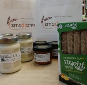 Vegan meat, coconut yoghurts and bolognese sauce. Photo by: BioWay / Planty4u on Facebook at Zrno do Zrna in Ljubljana
