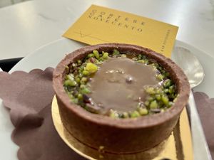 Pistachio and caramel tartelette   at Cortese Café 900 in Florence