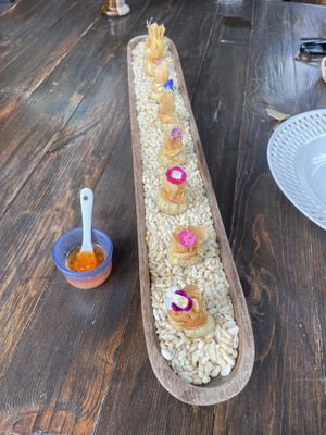 vegan wontons (tofu and mushroom) on puffed rice  at Khao Kwan in Koh Chang