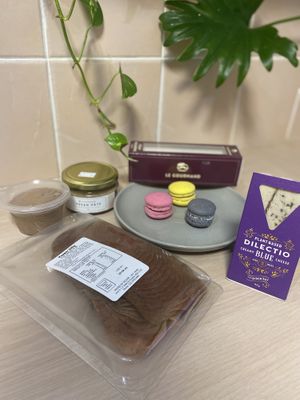 Some of the macarons (that we didn’t eat straight away), chocolate mousse, pate, salami and blue cheese.  at Le Gourmand in Newtown