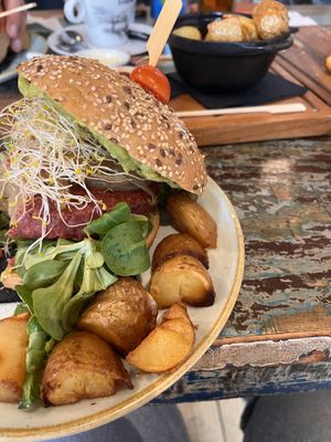 Beetroot quinoa burger   at Panorama in Barcelona