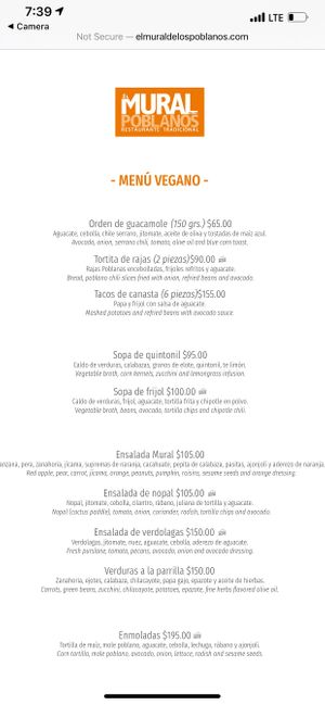 Vegan menu at El Mural de los Pueblanos in Puebla