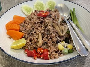 Fried rice with fermented mushrooms, 118 baht  at Khun Churn in White in Bangkok