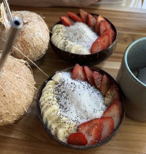 Nicecream “Dark” & “Purple” bothe without granola because the granola has honey in it.  at Ani's Bowls and Salads in Santa Teresa