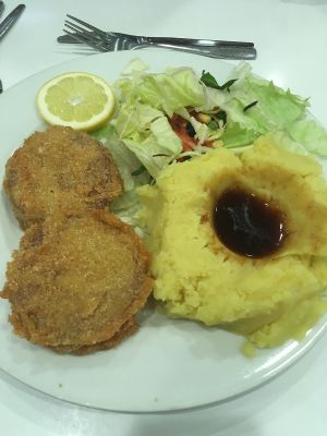 soy schnitzel ("řízek") and potato mash at Loving Hut - OC Nový Smíchov in Prague
