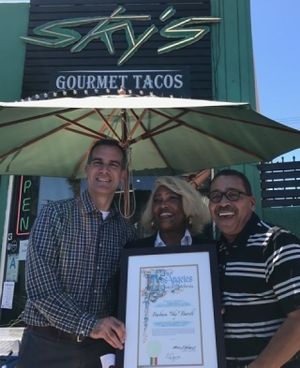 Mayor Garcetti and Councilman Wesson with Sky's owner Barbara Burrell at Sky's Tacos in Los Angeles