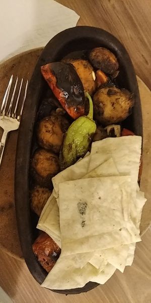 Mushrooms tomato and lavash at Vegan Masa in Istanbul