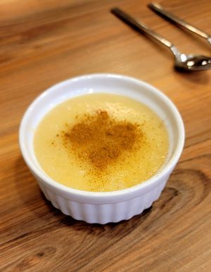 Rice pudding (this is before it cooled, we asked for it warm) at Vegan Masa in Istanbul