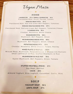 Menu at Vegan Masa in Istanbul