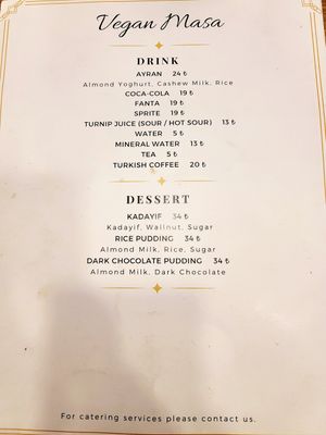 Menu at Vegan Masa in Istanbul