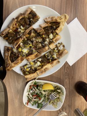 Mushroom, white cheese, bell peppers and onion. Totally vegan, totally yummy !  at Vegan Masa in Istanbul