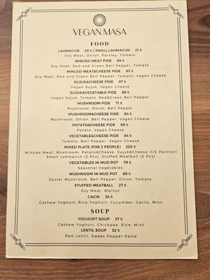 Menu (April 2023) at Vegan Masa in Istanbul