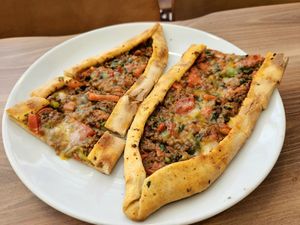 Pide with ground "meat," cheese, and peppers at Vegan Masa in Istanbul