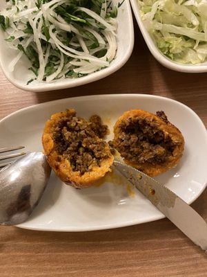 soy meat, onion, walnut, sesame seeds  at Vegan Masa in Istanbul