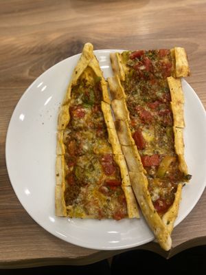 Meat and cheese pide  at Vegan Masa in Istanbul