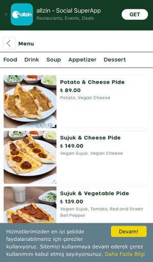 Menu with prices at Vegan Masa in Istanbul