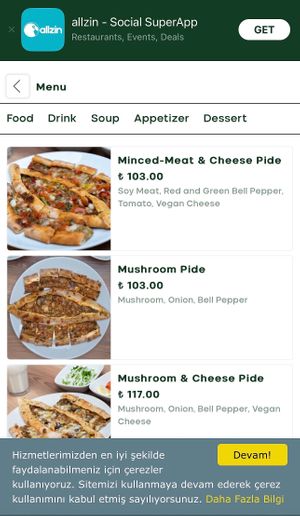 Menu with prices at Vegan Masa in Istanbul