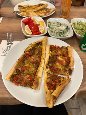 Minced-meat and cheese pide at Vegan Masa in Istanbul