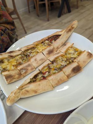 Mushroom & cheese pide at Vegan Masa in Istanbul