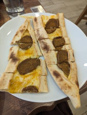 Sujuk & cheese Pide at Vegan Masa in Istanbul