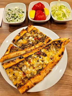 Mushroom and cheese pide at Vegan Masa in Istanbul