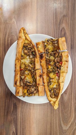Mushroom and cheese pide at Vegan Masa in Istanbul