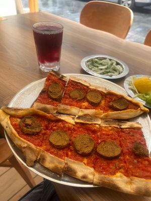 Sucuk ve Sebzeli Pide (Sujuk & Vegetables Pide)
+
Reyhan Şerbeti (Basil Iced Tea) at Vegan Masa in Istanbul