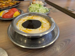 Yogurt, rice, chickpea soup with mint oil. A must! at Vegan Masa in Istanbul