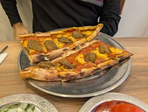 Sucuk and cheese pide at Vegan Masa in Istanbul