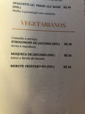Menu vegetariano at Kanoa in Ilhabela