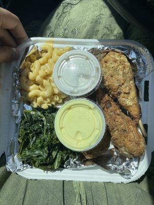 Vegan chicken drumsticks, side of Mac and garlic kale at Imagine Vegan Cafe in Memphis