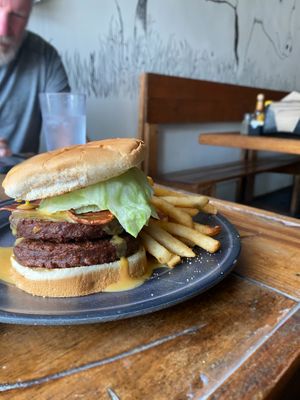 Double burger with back and nacho cheese. With fries.  at Imagine Vegan Cafe in Memphis