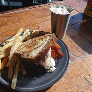 Reuben, side was fries and drink was vanilla shake and hot tea. at Imagine Vegan Cafe in Memphis