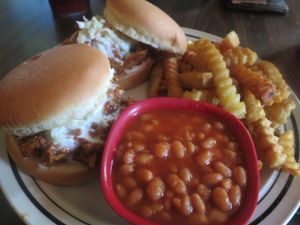 Memphis BBQ Sandwich with BBQ beans, slaw and fries at Imagine Vegan Cafe in Memphis