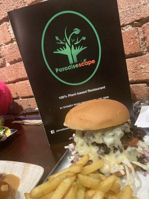 Pulled beef plant based burger  at Paradisescape in Brunswick