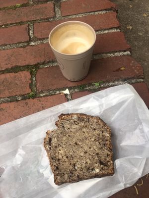 Coffee with coconut milk and banana bread   at ST. LOUIS The Breakfast Company in Cologne