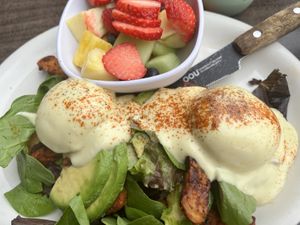 Vegan Benedict with vegan poached “eggs"  at Millie's Cafe in Los Angeles