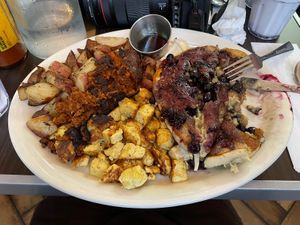Vegan Usual w blueberry pancakes, tofu egg, soyriso and potatoes. So good!  at Millie's Cafe in Los Angeles