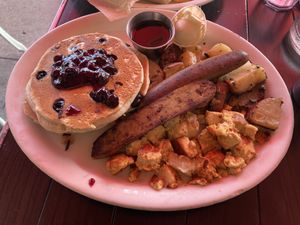Vegan breakfast combo blueberry pancake tofu eggs and sausage were my choices   at Millie's Cafe in Los Angeles