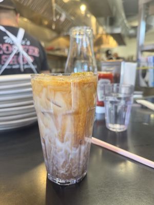 Pistachio soy iced lattee  at Millie's Cafe in Los Angeles
