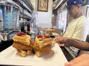 Vegan chicken & waffles, my twins’ favorite brunch combo!  at Millie's Cafe in Los Angeles