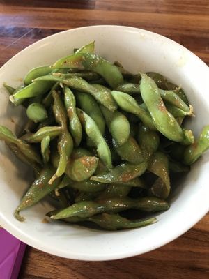 Edamame with Spicy Garlic Topping at Miso Ramen Bar  at Miso Ramen Bar in Cary