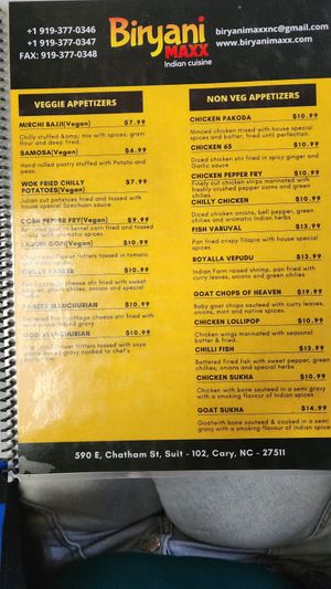 Menu options at Biryani Maxx in Cary