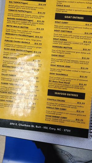 Menu options at Biryani Maxx in Cary